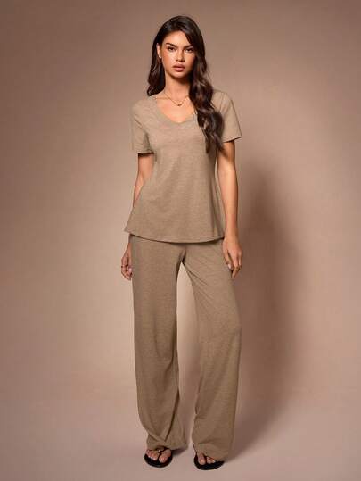 Lazeform Women's Casual V-Neck Waist Tie Short Sleeve Top And Wide Leg Pants Loungewear Set