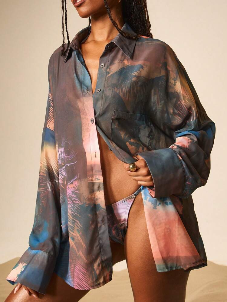 MISSGUIDED Tropical Print Sheer Button Down Beach Cover Up Shirt With Oversized Fit And Relaxed Long Sleeves For Summer Vacation Beachwear