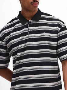 SUMWON Men Oversized Black White Horizontal Striped Short Sleeve Polo Shirt Classic Collar Button Front Casual Summer Spring Streetwear Vintage Relaxed, Polo Blouse For Men, Oversized Polo - Multicolor - View 3