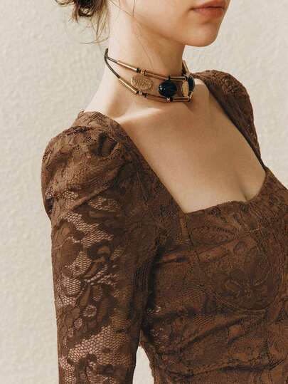 SHEIN Revavyn 女士蕾丝露肩修身镂空蕾丝拼接仿鱼骨设计优雅约会上衣