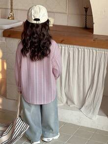 Dazy Kids Áo sơ mi dài tay cổ kẻ caro in hình hoạt hình dành cho bé gái, kiểu dáng thường ngày, đa năng, thích hợp mặc hàng ngày. - Hồng - Xem 2