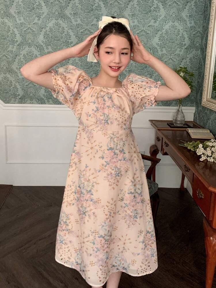 Girls' French Embroidered Ditsy Floral Short Sleeve Vacation Dress, Summer