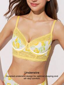 LUVLETTE Breathable Lace Elegance Unlined Push-Up Breezy Comfort Balconette Lemon Print Vacation Style Corset Lingerie Minimizer Bra Now Trending - Multicolor - View 3