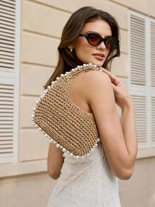Viva Strut 女士手提包，草编包，珍珠装饰，时尚优雅，简约个性，百搭实用，适合海滩、度假、夏季、海边、沙滩派对等场合 - 卡其色 - 查看 2