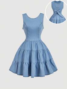 SHEIN MOD Women's Summer Casual Ruffled Hem Sleeveless Denim Dress - Blue - View 1