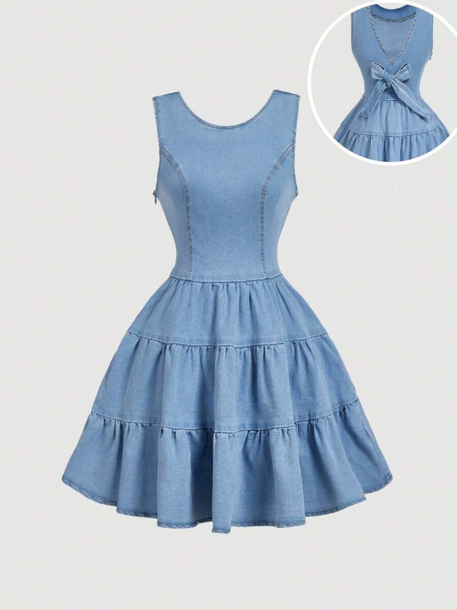 SHEIN MOD Women's Summer Casual Ruffled Hem Sleeveless Denim Dress - Blue - View 1