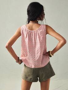 SoleilVie 女士粉色格子刺绣衬衫 - 无袖方领流苏系带前襟花卉刺绣夏季衬衫 - 粉色 - 查看 2