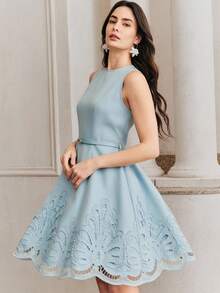 Đầm ngắn dáng chữ A không tay cổ tròn màu xanh dương trơn thanh lịch dành cho nữ của Anewsta, vạt bèo bất đối xứng, kèm thắt lưng da PU cùng màu, thích hợp cho mùa xuân/hè, đi biển, nghỉ lễ, đám cưới, đi học và các dịp hàng ngày. - Màu xanh lam - Xem 3