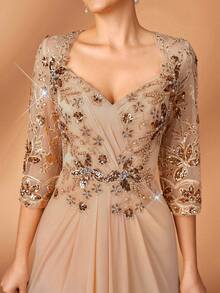 Serin Váy đuôi cá sang trọng, thanh lịch với chất liệu ren đính cườm và lưới co giãn, xếp ly, tay áo voan mỏng, thích hợp cho đám cưới, tiệc tùng, lễ hội, cô dâu, hoặc váy dạ hội cho mẹ cô dâu. - Rượu sâm banh - Xem 1