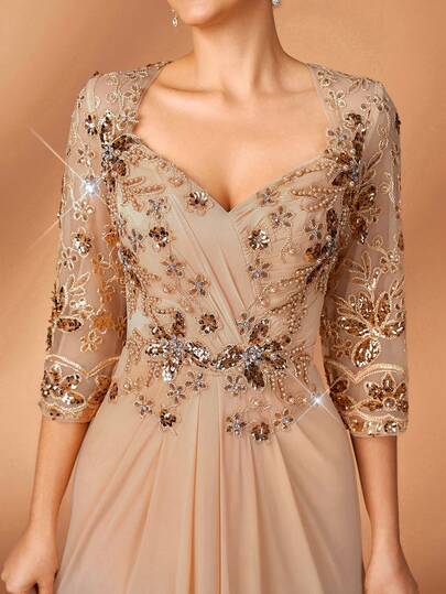 Serin 优雅奢华的串珠蕾丝贴花拼接弹力针织网纱荷叶边薄纱袖鱼尾裙，适合婚礼、派对、节日、新娘、新娘母亲晚礼服