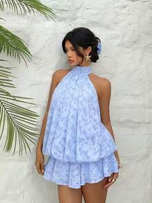 Aloruh Đầm ngắn cổ yếm màu vàng nhạt thanh lịch dành cho nữ - Màu xanh nhạt - Xem 7