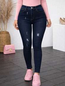 Jeans skinny tiro alto mezclilla stretch rasgados ajuste ceñido casual urbano - Azul - Ver 1