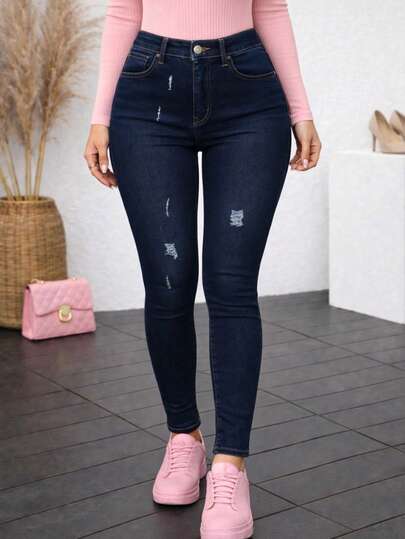 Jeans skinny tiro alto mezclilla stretch rasgados ajuste ceñido casual urbano