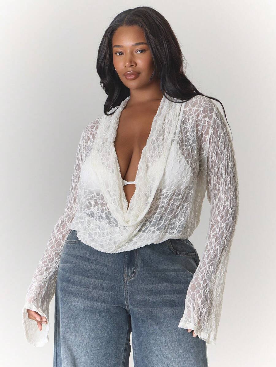 MUSERA Áo ren tay dài cổ đổ dáng rộng, cỡ lớn, thích hợp cho mùa xuân hè, đi nghỉ mát, bơi lội, đi biển Ibiza, gợi cảm. - Màu be - Xem 1