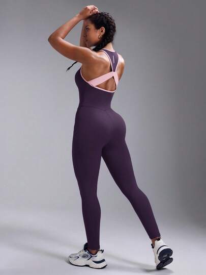 Powerista Women's Contrast Color Hollow Back Jumpsuit, Casual Fitness And Sports Wear