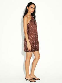 KSTM One Shoulder Asymmetric Mini Dress With Polka Dot Pattern And Balloon Hem Detail For Evening Occasions - Brown - View 3
