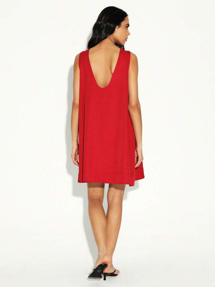KSTM Sleeveless Red A Line Mini Dress With Back Cutout Detail And Pockets For Summer Casual Occasions