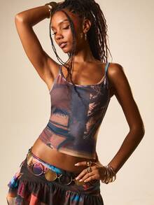 MISSGUIDED Women's Tropical Print Cami Top Summer Beach Palm Tree Sunset Scenic Sleeveless Tank Vacation Resort Wear - Multicolor - View 1