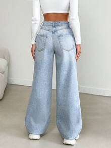 SHEIN Cottnline Pantalones vaqueros de mujer 100% algodón con bolsillos - Azul lavado medio - Ver 2