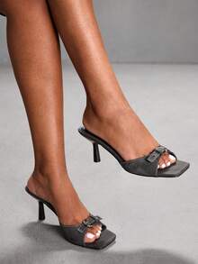 CUCCOO SZL Sandalias de tacón alto elegantes y de moda con diseño de hebilla y punta cuadrada para mujer - Negro - Ver 1