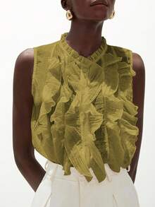 Aveloria Modichic Elegant Romantic Versatile French Style Sleeveless Shirt For Women, White Textured Crinkle Sheer Multi-Layer Ruffle Collar Design - Olive Green - View 6