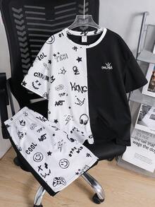 SHEIN 青少年男童休闲运动宽松街头撞色印花圆领短袖短裤套装，适合户外玩耍、街头摄影、派对、城市漫步、春夏穿着。 - 黑色 - 查看 3