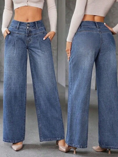 IDYLLIC Pantalones baggy Wide leg jeans mujer Vaqueros pantalón ropa casual lavada con agua cintura alta pantalones vaqueros pantalon de mezclilla dama pantalones cargo de mujer