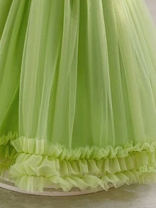 Glamorique Kids Young Girl Spring/Summer New Wave Splice Mesh Waist Belt Bow Design Elegant Party Off-Shoulder Dress Cocktail Dress For Kids Green Party Dress One Shoulder Dress Kids Party Dresses For Girls Girls Ruffle Dress Girls Party Dress Green Tutu Dress Birthday Dresses For Girls Toddler Girl Dress Kids Formal Dress Ball Gown For Kids Green Dress For Girls Toddler Formal Dress Girl Party Dress Girls Dress - Green - View 6