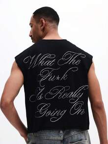 SUMWON Rhinestone Embellished Tank Top With Script Font Design Sleeveless Crew Neck Regular Fit Summer Men's Casual Top - Black - View 1