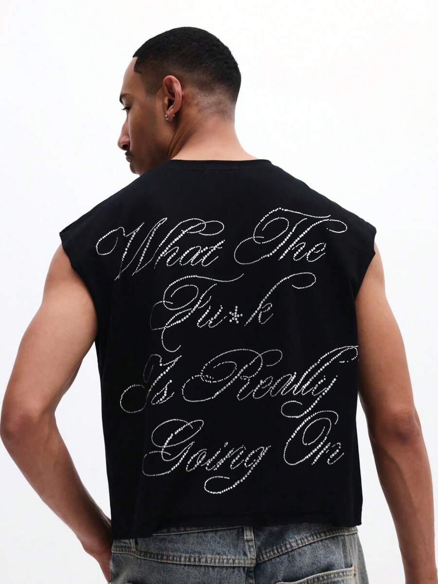 SUMWON Rhinestone Embellished Tank Top With Script Font Design Sleeveless Crew Neck Regular Fit Summer Men's Casual Top - Black - View 1