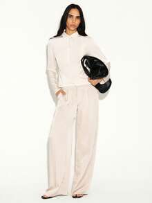 KSTM 女士缎面阔腿西装裤 高腰阔腿裤 办公室商务职业正式装 - 卡其色 - 查看 1