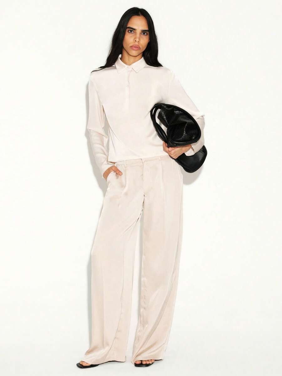 KSTM 女士缎面阔腿西装裤 高腰阔腿裤 办公室商务职业正式装 - 卡其色 - 查看 1