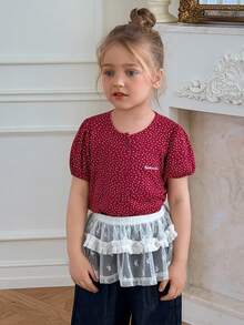 DAZY Young Girl Round Neck Polka Dot & Letter Print Casual Versatile Daily Short Sleeve T-Shirt - Red - View 2