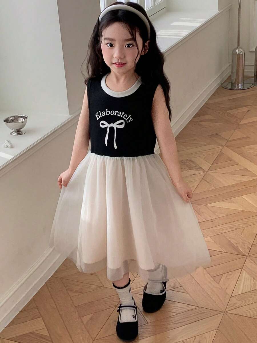 DAZY Young Girl Letter & Bow Print Mesh Hem Sleeveless Dress - Black and White - View 1