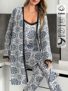 SHEIN Relax And Casual 3 Pieces Cottonline Pajama Set With Lace Detailed Cute Shawl Pattern - Blue and White - View 1