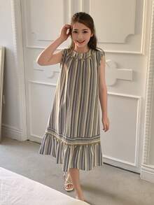 DAZY 女童条纹无袖圆领连衣裙，秋季穿搭 - 藍色 - 查看 8