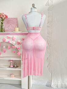 PetitDoll 三件套：蕾丝短袖上衣、性感侧开衩半裙、女士内衣套装 - 粉色 - 查看 2