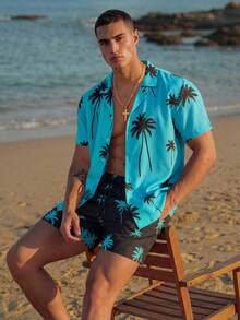 Manfinity EZcore Plus Size Men Palm Tree Print Shirt And Shorts Beach Suit, Hawaiian Beach Shirts Plus Size Men Hawaiian Shirts For Men, Men's Hawaiian Print Shirt, Men's Beach Outfit Set, Men's Vacation Outfit Set, Men's Plus Size Vacation Set - Mint Blue - View 3