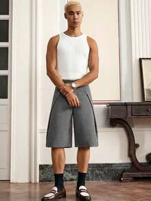 SWAVVY Men's Solid Color Straight Loose Fit Shorts With Belt Loops, Versatile & Minimalist - Grey - View 4