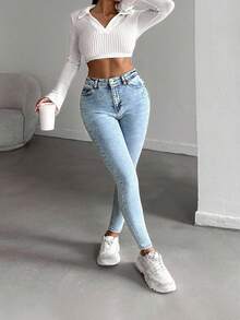 SHEIN Quần jean skinny cạp cao màu xanh tuyết dành cho người nhỏ nhắn - Rửa nhẹ - Xem 4