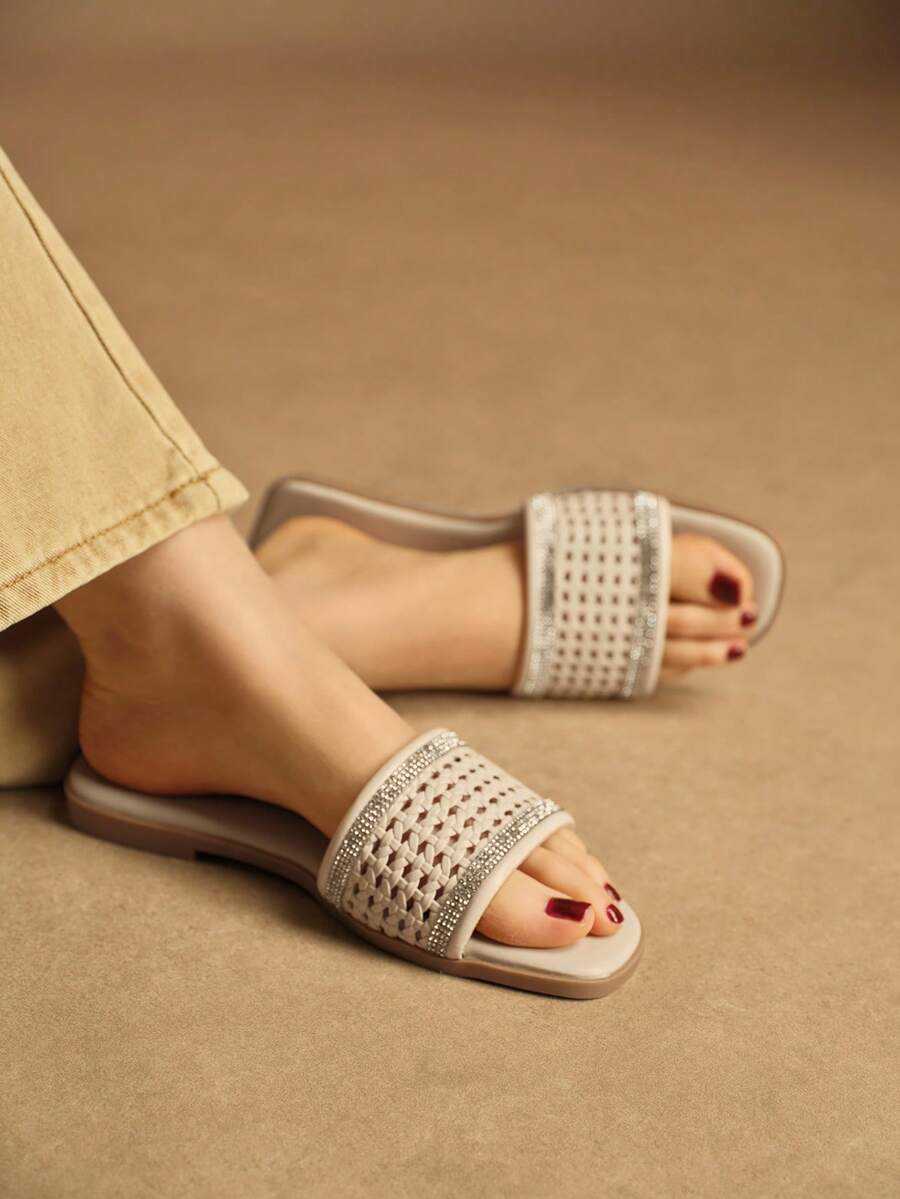 Rosivie Women's Rhinestone Hollow Strap Casual Comfortable Flat Sandals, Square Toe Design For Commuting - Apricot - View 1