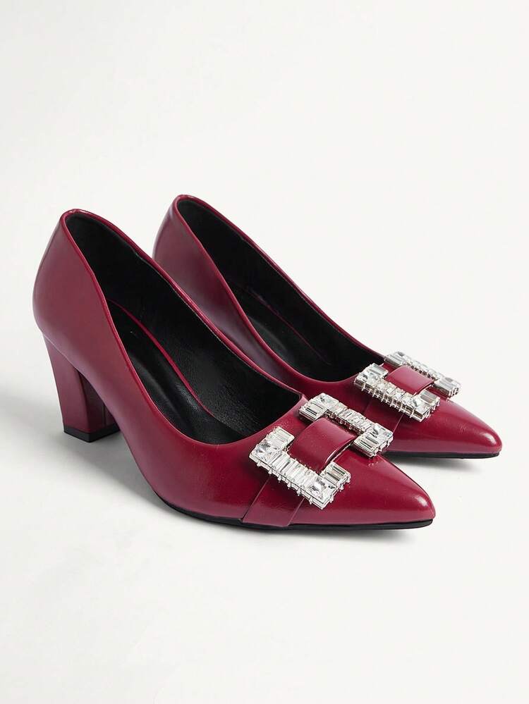 CUCCOO CHICEST Women's Pointed Toe Rhinestone Button Thick Heel Elegant & Comfortable White High Heels, Suitable For Formal Occasions Elegant Shoes Wedding Shoes