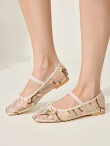 CUCCOO CHICEST 女鞋 时尚杏色蕾丝花朵网纱刺绣蝴蝶结玛丽珍透气平底鞋 可爱甜美优雅女式平底鞋 女鞋 - 杏色1 - 查看 7