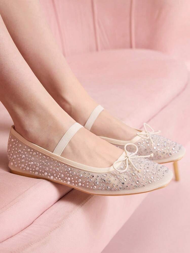 CUCCOO DOLLMOD Women Shoes Spring And Summer Fashion Beige Full Diamond Mesh Yarn Small Bow Elastic Band Women's Flat Shoes Elegant Comfortable Breathable Cute Sweet Mary Jane Flat Women's Shoes Spring Shoes
