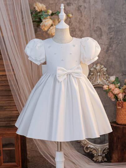 Glamorique Kids Girls' White Sleeveless Beaded Bow Decor Party Dress, Children's Birthday Wedding Flower Girl Dress, Minimalist Elegant Princess Gown For Party