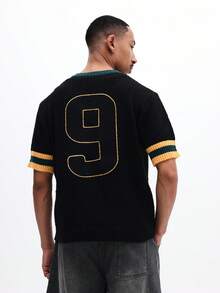 SUMWON 男士宽松落肩钩针短袖上衣，饰以黄绿条纹滚边，运动学院风 - 彩色 - 查看 5