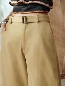 SHEIN Women's High-Waisted A-Line Wide-Leg Cropped Trousers With Belt,Khaki,Summer,Elegant Unique,Date Casual Vacation Spring Office Work Outfits Clothing - Khaki - View 3