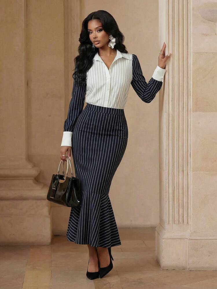 Women's Elegant Navy Blue & White Striped Patchwork Waist Flared Midi Skirt, Spring/Summer