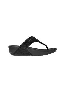 Fitflop Lul Crinkled-Shimmer Toe-Post Women's Sandals Metallic Black EC5 - Black - View 1