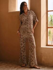 Swim Chiccia 女士优雅新款镂空沙滩罩衫，常规短袖钩针沙滩度假罩衫，夏季 - 棕色 - 查看 5